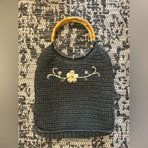 Chic Black Crochet Shoulder Bag with Bamboo Handles